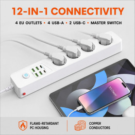 Extension Cord, Surge Protector - Power Strip KOS-27022 with 4 EU Sockets, 4 USB-A and 2 USB-C - 3000W - 10A - 2M - White, whole