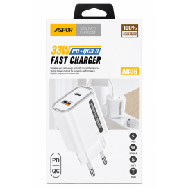 Chargeur Rapide, Adaptateur Secteur - Kit Chargeur USB-C PD + USB QC 3.0 33W - ASPOR A806 - Blanc, prix de gros.