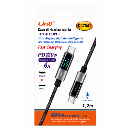Chargeur, Connecteur - Câble USB-C vers USB-C 120W avec Écran Digital LinQ CC7841 1,2m - Noir, prix de gros.