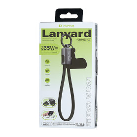 Charging Cable, USB Cord - Fast Charging Lanyard Data Cable Black REMAX CB50 C-C, 65W PD, 3-In-1 Detachable Braided USB-C Cable,