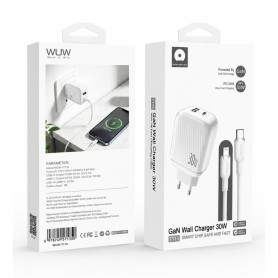 Chargeur, Adaptateur - Kit Chargeur Rapide GaN 30W USB-C + USB-A avec Câble USB-C to Lightning 1M WUW-T115 - Blanc, prix de gros