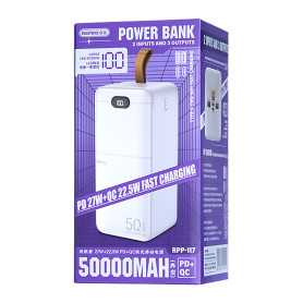 Power Bank, Charger - Piloteer Series 27W+22.5W PD+ QC 50000mAh Fast Charging Power Bank Remax RPP-117 - White, wholesale price