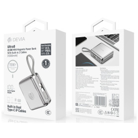 Power Bank Magnétique 10000mAh 22.5W avec câbles Lightning + USB-C Devia Ultra9 - Argent