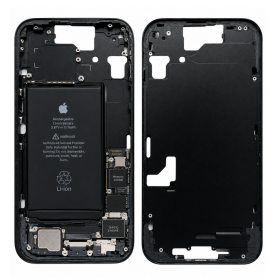 Châssis, Cadre - Chassis iPhone 15 Plus Connecteur de Charge sans Vitre Arrière + Batterie Noir (Original Demonté) - Grade AB, p