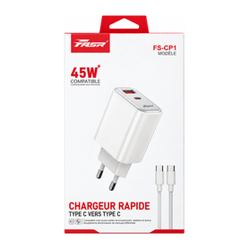 Chargeur Rapide 45W USB-A + USB-C avec Câble USB-C vers USB-C FASR FS-CP1 - Blanc