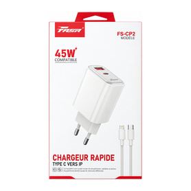 Chargeur Rapide 45W USB-A + USB-C avec Câble USB-C vers Lightning FASR FS-CP2 - Blanc