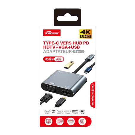 Adaptateur Multifonction 4-en-1 Type-C vers PD HDTV / VGA / USB 3.0 / Type-C - FASR AD2