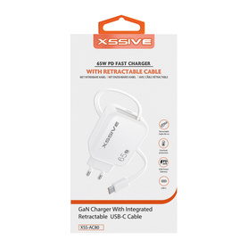 XSSIVE 65W Fast Charger & Retractable USB-C Cable XSS-AC80 - White | Rapid Charging Solution