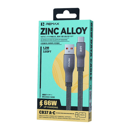 Chargeur, Connecteur, Cordon - Câble de Charge Rapide Type-C vers Type-C 100W Tressé en Alliage de Zinc REMAX CB37 1,2 m - Noir,