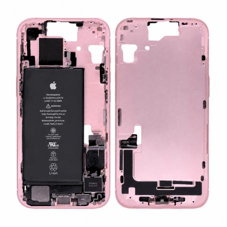 Pink iPhone 15 chassis without back glass, with charging connector and battery (original, removed) - Grade B | Etech-Parts