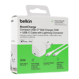 Chargeur Secteur 30W + Câble USB-C vers Lightning 1m BELKIN WCA008kq1MWH-B5 - Blanc