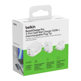 Chargeur Secteur GaN 3 Ports 100W Avec Adaptateur Voyage BELKIN WCH016hqWH - Blanc