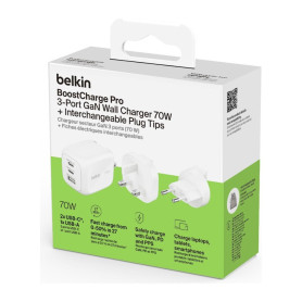 Chargeur Secteur GaN 3 Ports 70W Avec Adaptateurs Voyage BELKIN WCH018hqWH - Blanc