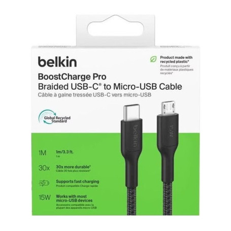 Câble Tressé PCR USB-C / Micro-USB 2.0 1M BELKIN CAB026hq1MBK - Noir