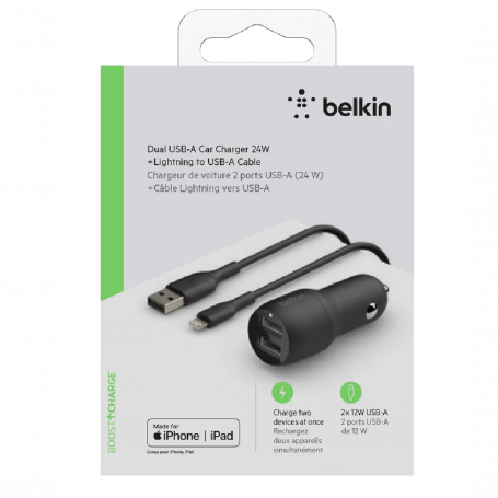 Chargeur Allume-Cigare BELKIN 2 Ports USB avec Câble Lightning 24W