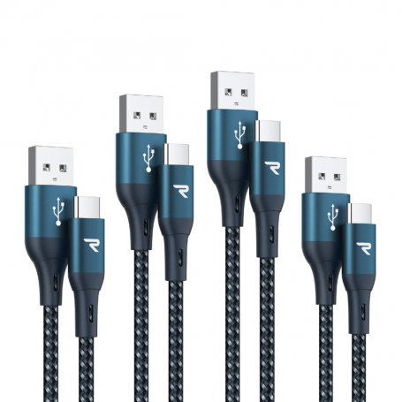 Câble USB / USB-C Nylon Tressé RAMPOW RAC-30 Bleu - 20cm/1m/2m/3m - Pack de 4