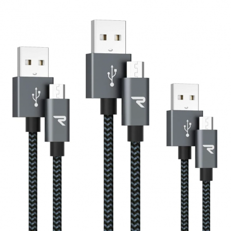 Câble USB / Micro Nylon Tressé RAMPOW RAA-17 Gris/Noir - 1m/2m/3m - Pack de 3