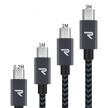 Câble USB / Micro Nylon Tressé RAMPOW RAA-18 Rouge/Noir - 20cm/1m/2m/3m - Pack de 4