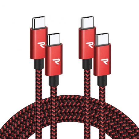 Câble USB-C / USB-C Nylon Tressé RAMPOW RAD-11 Rouge/Noir - 2M - Pack de 2