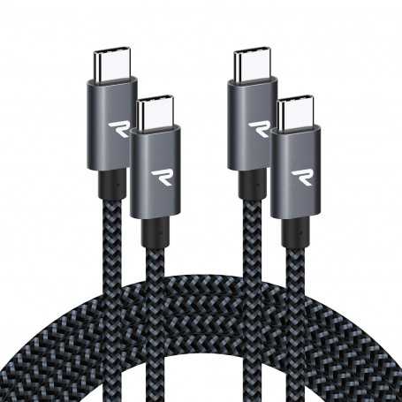 Câble USB-C / USB-C Nylon Tressé 60W RAMPOW RAD-10 Gris/Noir - 2M - Pack de 2