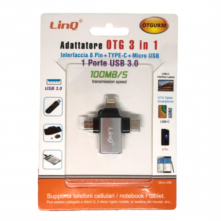 Adaptateur USB 3 en 1 Micro/Lightning/USB-C LinQ OTGU930