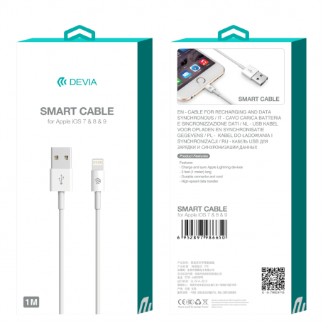 USB/Lightning Cable - Devia Smart Series - 5V 2.1A 1.2M - White