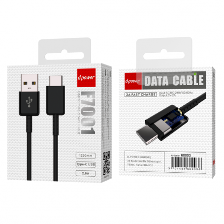 Câble USB / Type-C - D-power F7001 - 1.2M Noir