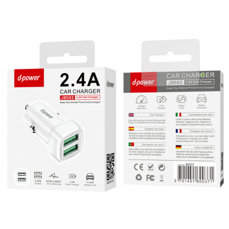 Chargeur Allume-Cigare 2 Ports USB - D-power J8503 - Blanc