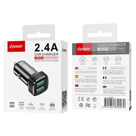 Chargeur Allume-Cigare 2 Ports USB - D-power J8503 - Noir