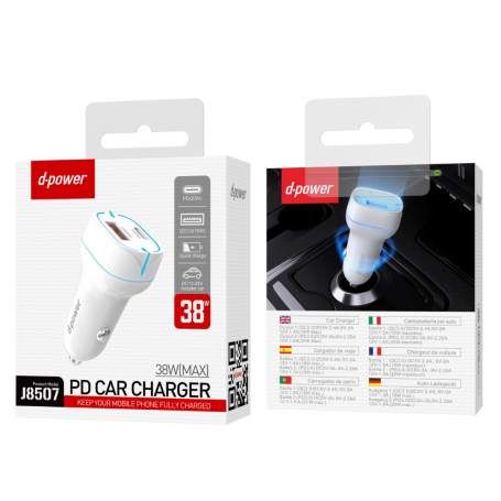 Chargeur Allume-Cigare 2 Ports USB + Type-C - D-power J8507 - Blanc