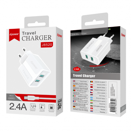 Kit Chargeur de Voyage 2USB / Micro - D-power J8520 - Blanc