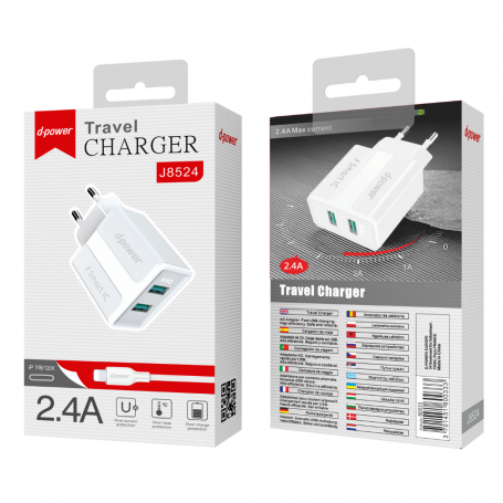 Travel Charger Kit 2USB / IP - D-power J8524 - White