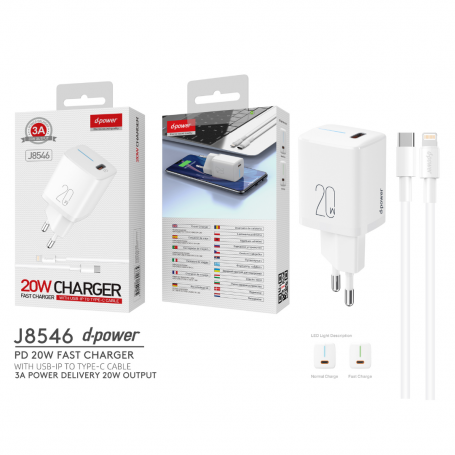 Kit Chargeur Type-C / Lightning 20W PD - D-power J8546 - Blanc