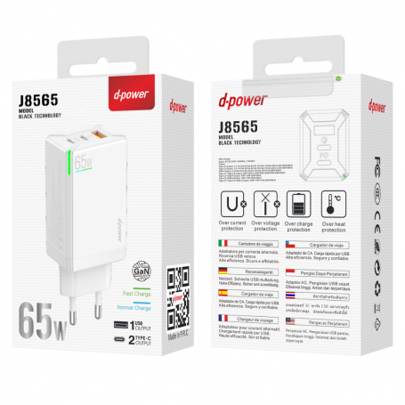 Power Adapter 65W 3 Ports 1USB + 2 Type-C - D-power J8565 - White