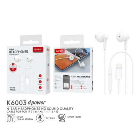 Lightning Hands-Free Kit Headphones - D-power k6003 - White