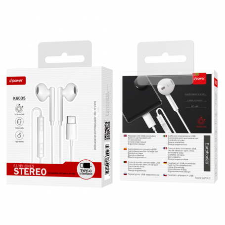 Type-C Hands-Free Kit Headphones - D-power K6035/C6035 - White