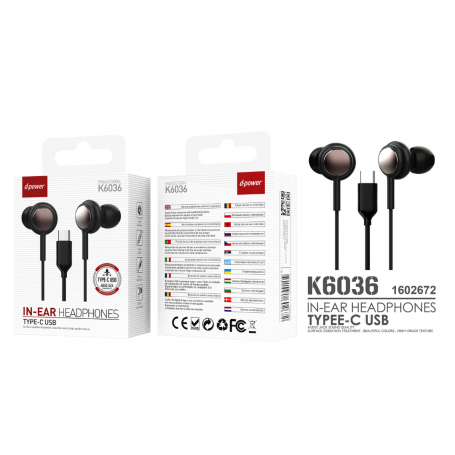 Type-C Hands-Free Kit Headphones - D-power K6036 - Black