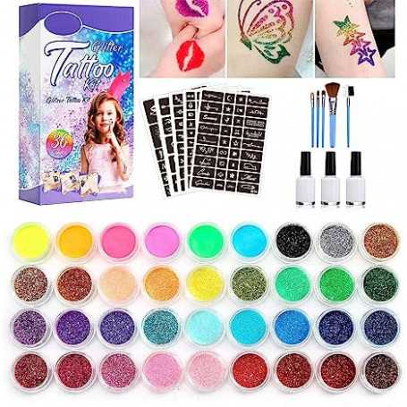 Glitter Tattoo Kit with 36 Colors and 160 Glitter Temporary Makeup Stencils (Refurbished)