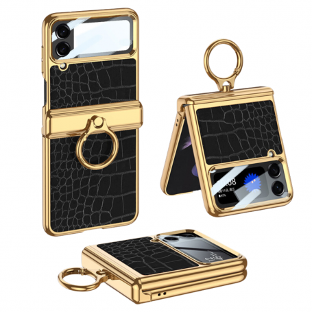 Protective Case with Ring - Samsung Galaxy Z Flip 4 - Black Crocodile Effect