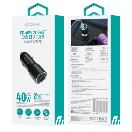 Chargeur Allume-Cigare 2 USB-C 40W - Devia Smart Series - Noir
