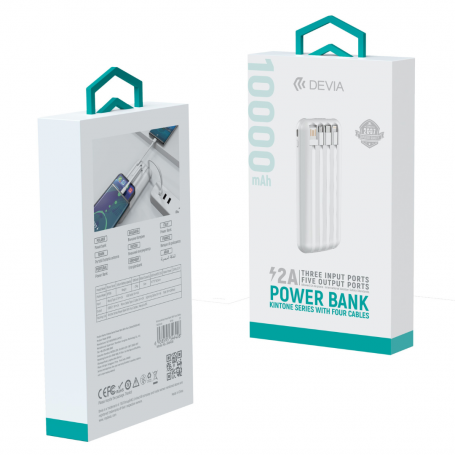 Power Bank with 4 Built-in Cables 10000 mAh - Devia Kintone Series - White