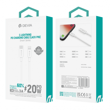 Type-C/Lightning Cable - Devia Smart Series - PD 20V 3A 1m - White