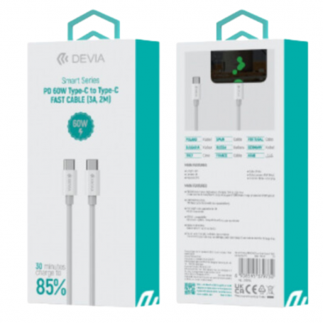 Câble Type-C / Type-C à Recharge Rapide - Devia Smart Series - PD 60W 3A 2M- Blanc