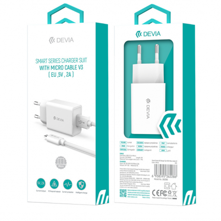 Kit Chargeur USB / Micro V3 - Devia Smart Series - EU 2A 5V - Blanc