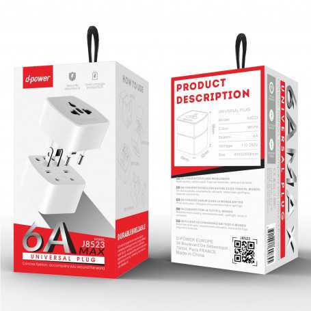 Travel Adapter Kit EU-UK-US-AU-CN - D-power J8523 - White