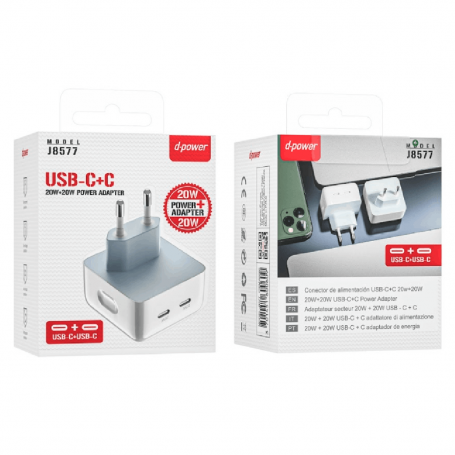 Adaptateur Secteur USB-C+C 40W PD - D-power J8577 - Blanc
