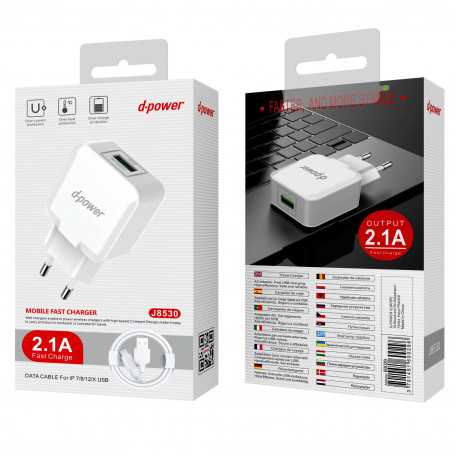 Kit Chargeur USB / Lightning 2.1A - D-power J8530 - Blanc