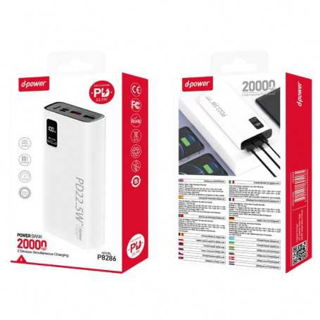 Power Bank 20000mAh D-power P8286 - 22.5W - Blanc