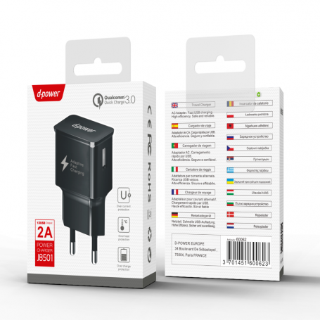 Adaptateur Secteur USB à Recharge Rapide - D-power J8501 - Noir