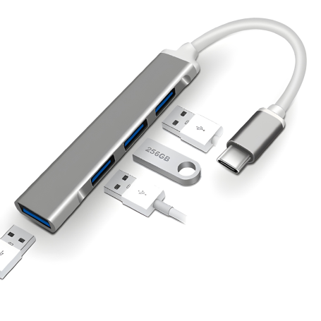 HUB Type-C 4 en 1 pour Ordinateur Portable 4 Ports USB 3.0 - Gris